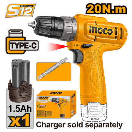 Шуруповерт INGCO CDLI12456 Li-ion 12.0В. 1,5 Ач, 1 АКБ, USB type-C, без З/У, 20 Nm INDUSTRIAL