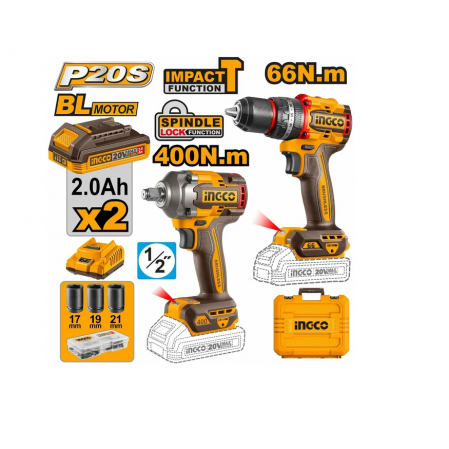 Набор шуруповерт 66Nm+гайковерт 400Nm 20В, BL. Li-Ion SUPER INGCO CKLI20275 INDUSTRIAL