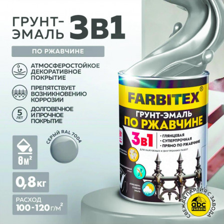 Грунт-эмаль по ржавчине 3в1 светло-серый 7004 0,8кг ФАРБИТЕКС