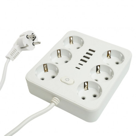 Сетевой фильтр ПВС 3*1 6роз. с/з белый 1,8м 10А 4USB+2Type-C STEKKER Home 49975