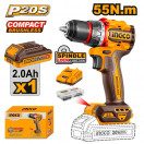 Шуруповерт INGCO CDLI205582 бесщеточный Li-ion 20.0B, 2 Ач, 55 Нм, 1 акб, INDUSTRIAL
