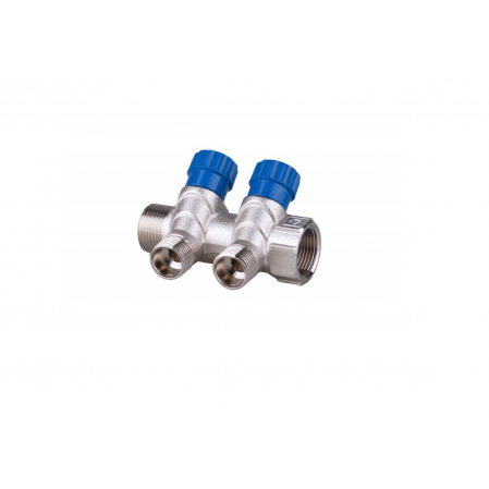 Коллектор 3/4Г*3/4Ш*1/2Ш на 2 выхода с отсекающими кранами F402.2 FR302-2