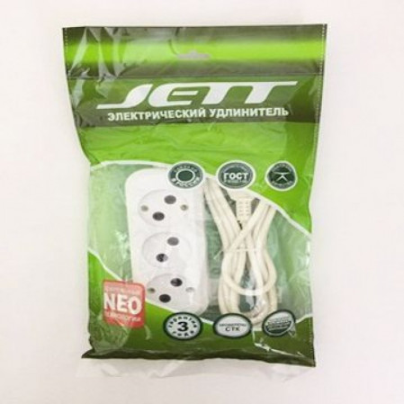 Сет. удл. Jett  ПВС 2х0.75 3роз. 5м 10А белый РС-3, 407485