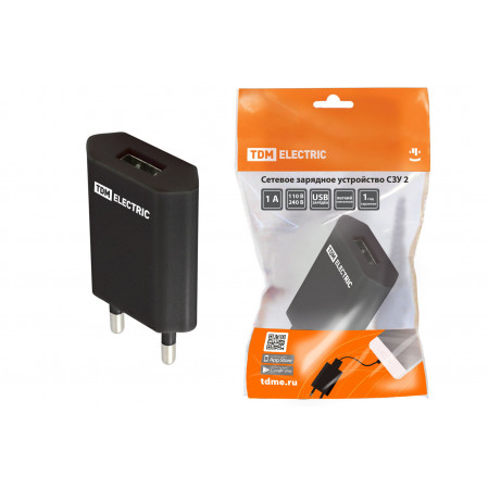 Сетевое зарядное устройство СЗУ 2, 1А, 1 USB, черный, TDM