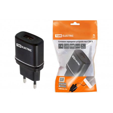 Сетевое зарядное устройство СЗУ 3, 2,1А, 1 USB, черный, TDM