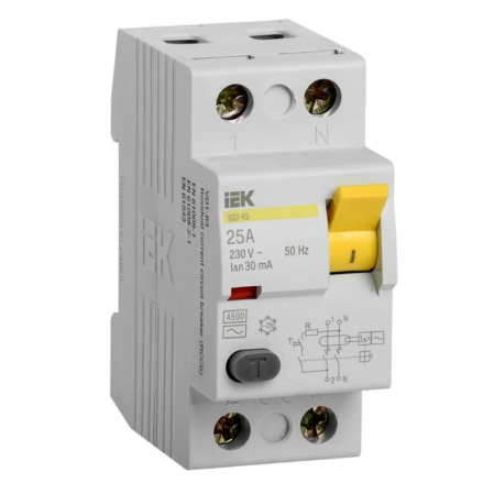 IEK GENERICA выкл. дифферинциальный (УЗО) ВД1-63 2P 25А 30мА, тип AC, 4,5кА электрон MDV15-2-025-030