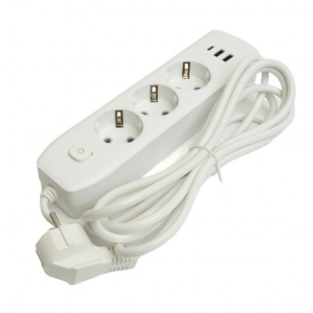 Сетевой фильтр ПВС 3*1 3роз. с/з белый 3м 10А 2USB+1Type-C STEKKER Home 49977