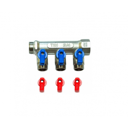 Коллектор 1/2" с шар. кранами 3/4"х1/2" на 3 выхода, красные-синие ручки в комплекте, арт.MV-3/4-N-3