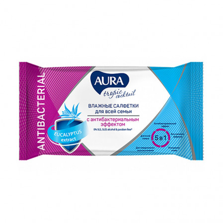 Салфетки влажные AURA TROPIC 15 листов, антибактериальные