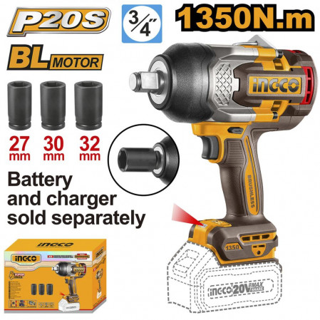 Гайковерт INGCO CIWLI201351 бесщеточный ударный Li-ion 20.0В. тушка 1350/1900 Нм INDUSTRIA